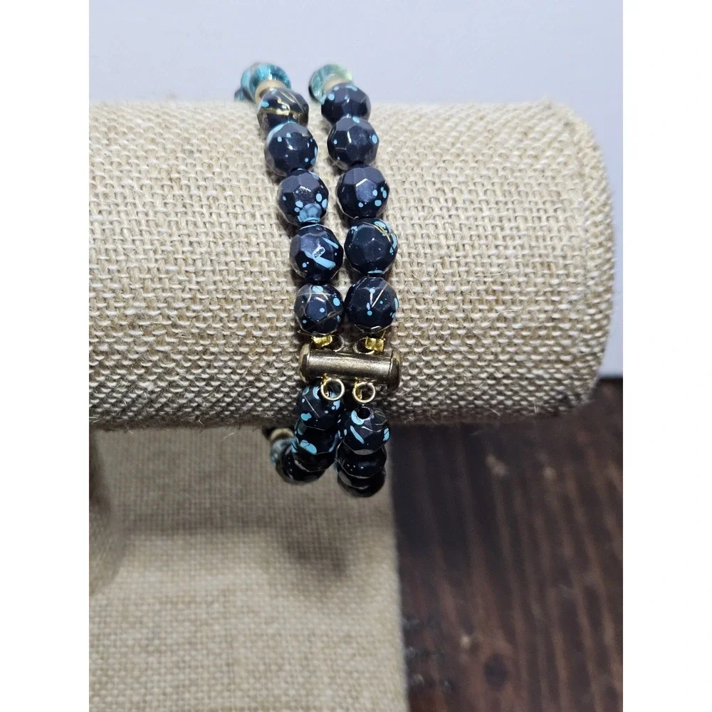 Vintage 2 Strand Bead Bracelet Black Turquoise Gold Splatter Lightweight Boho